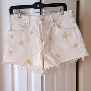 MOTHER Cream Denim Shorts with Gold Star Embroidery